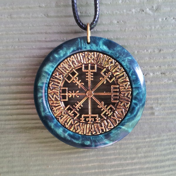 Forest Green Vegvisir double sided resin pendant with runes, travel protection pendant, Runic Compass, Norse protection amulet