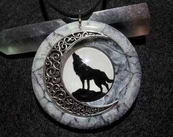 Wolf and Moon Pendant in Black and White Resin,  wolf necklace, wolf jewelry, wolf pendant, animal jewelry, unisex pendant