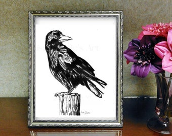 Crow Print, black and white, wildlife art, monochrome drawing