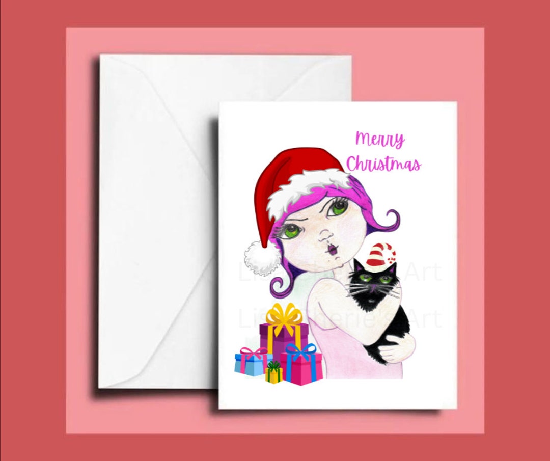 Girl & Cat Christmas Cards Blank Inside Handmade Cards Xmas Etsy