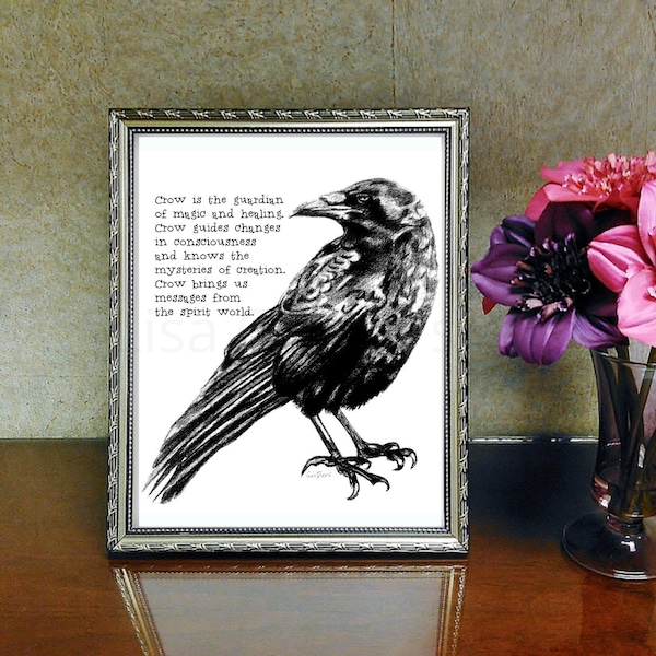 Crow message print, monochrome art, magic and healing