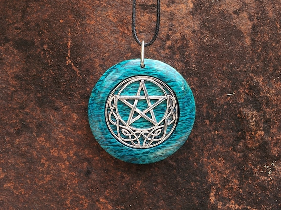 Pentacle Moon Opalite charm pendant necklace chain pagan blessed sacred water 