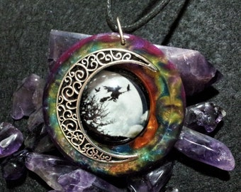Witch and Moon Pendant in multicoloured resin: Wicca, Witchcraft