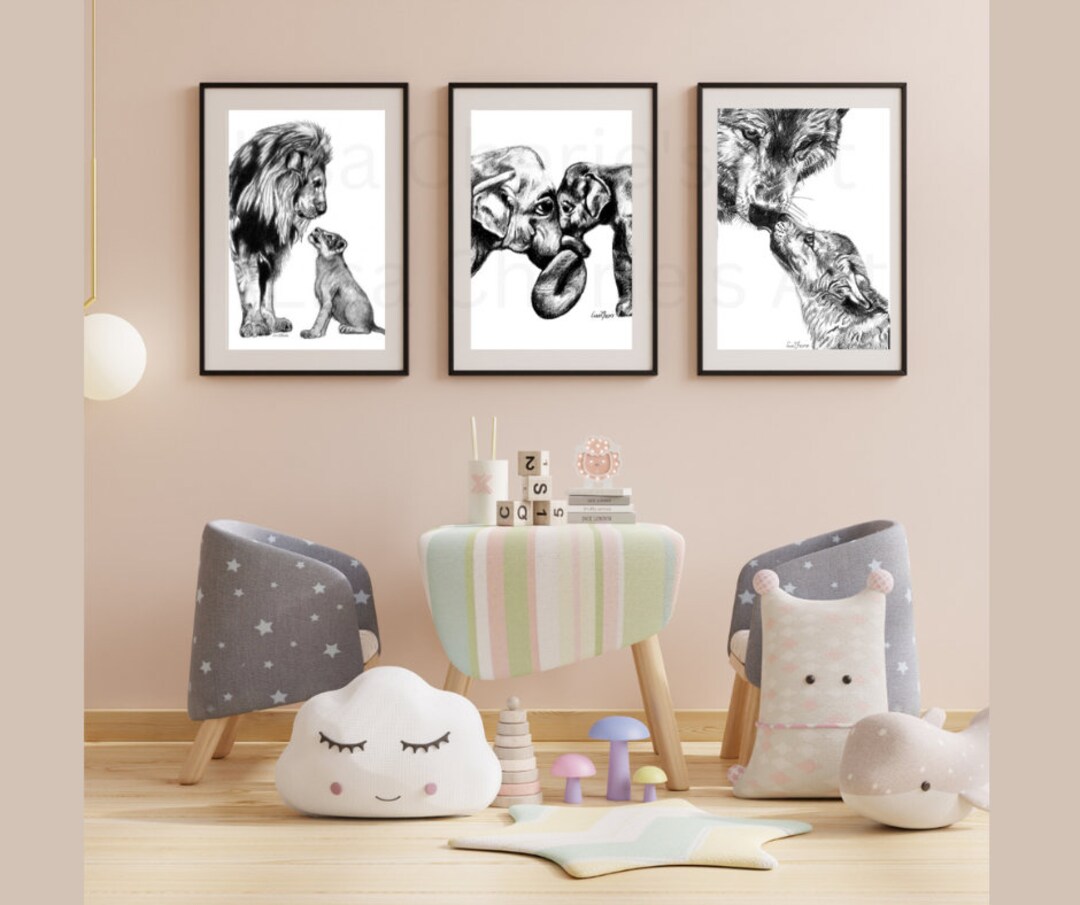 Animal Art, Set of 3 Prints, Lion, Elephant, Wolf, Baby Animals