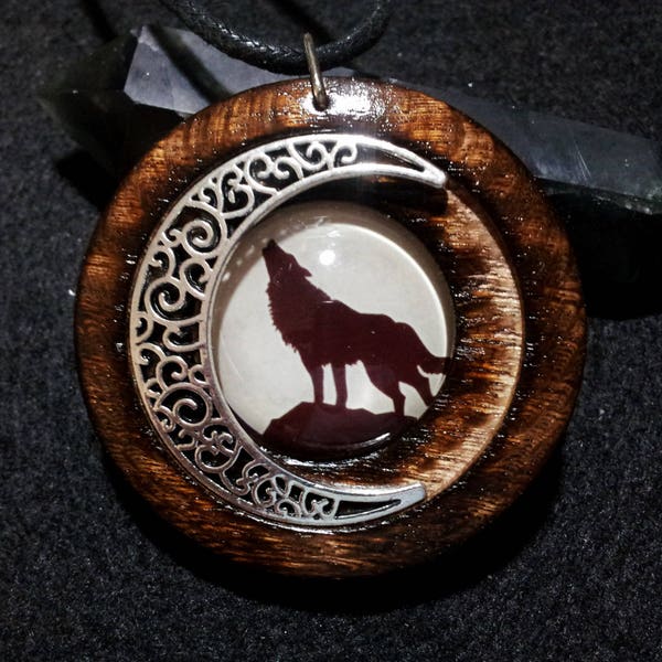 Wolf and Moon Pendant in Burnt Oak, wolf and moon jewelry, wolf jewelry, gypsy jewelry, reclaimed wood, rustic pendant, unisex gift