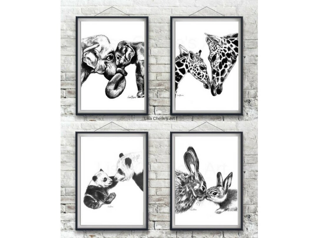 Animal Art Set of 4 A4 Prints, Giraffe, Elephant, Panda, Bunny, Mother