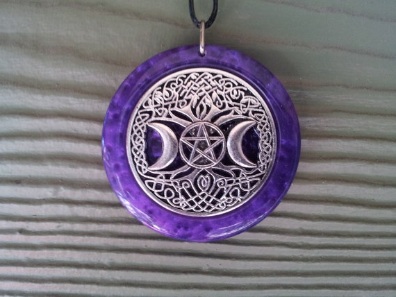 Triple moon pendant with tree of life & pentacle in purple pearl resin