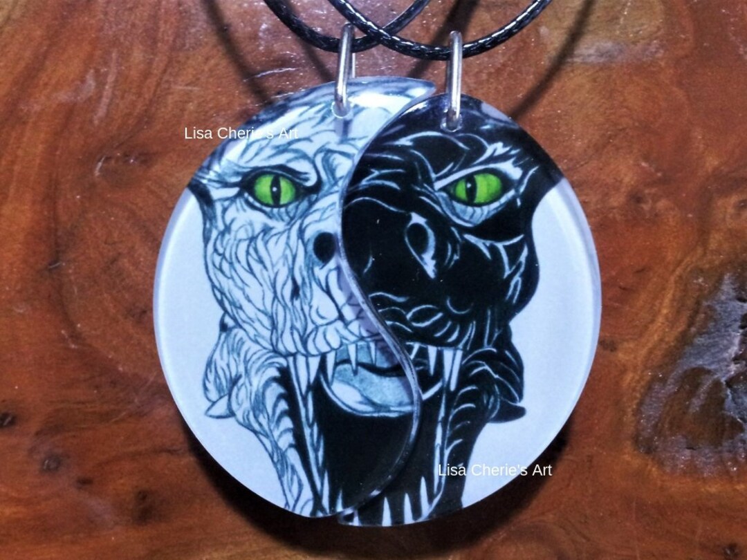 Dragon and Phoenix | carved obsidian friendship necklace set, par | aftcra