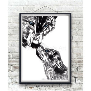 Wolf und Baby original A3 Bleistift Zeichnung