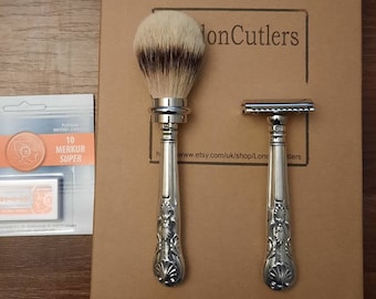 Double Edge Razor Set with Sterling Silver Handles Birmingham 1885 Silvertip Premium Badger Bristles Stylish Giftware by LondonCutlers