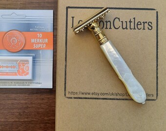 Double Edge Razor with Antique Carved Mother of Pearl Handle Gold Plated Merkur Head Pearl Handle Classy Retro Style from LondonCutlers