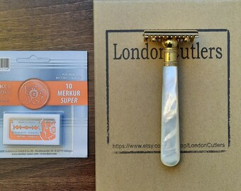 Double Edge Razor Antique Mother of Pearl Handle Gold Plated Merkur Head Pearl Handle Classy Retro Style Golden Gifts from LondonCutlers