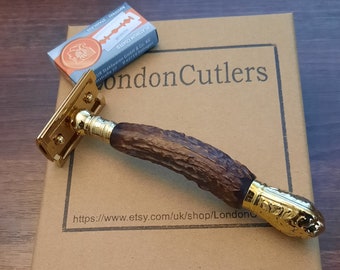 Double Edge Razor with Vintage Horn Handle Gold Plated Merkur Head Classy Retro Style Original Shavers Unique Gifts from LondonCutlers