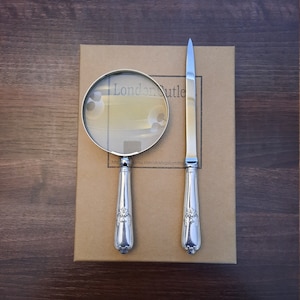 Magnifier and Letter Opener Desk Set with Antique Silver Plated Handles Large Medium Size Lens Antique Cutlery Upcycled by LondonCutlers