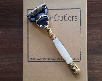 Golden Fusion Razor with Mother of Pearl Handle Upcycled Antique Cutlery Retro Style Wet Shaving Fusion Razor Great Gifts by LondonCutlers