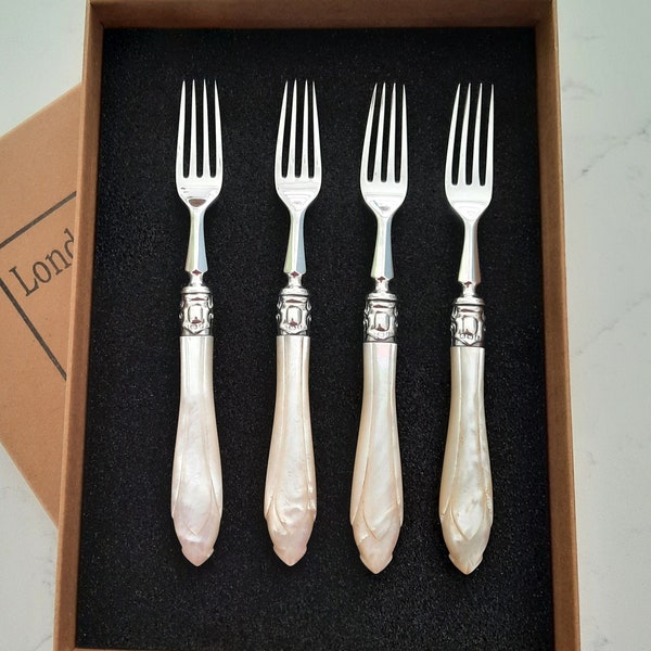 4 Sterling Silver Fruit Forks with Mother of Pearl Handles, Edwardian Silver, Arrives Boxed, Great Gift Ideas,  Fruit or Cake Forks, 4 Forks