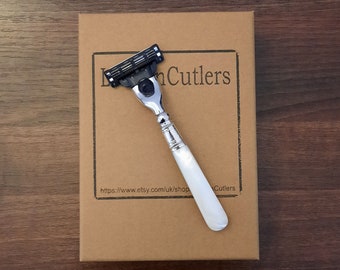 Mach 3 Razor with Antique Mother of Pearl Handle, Upcycled Antique Cutlery, Pearl Shavers by LondonCutlers, Fab Anniversary Gifts for her