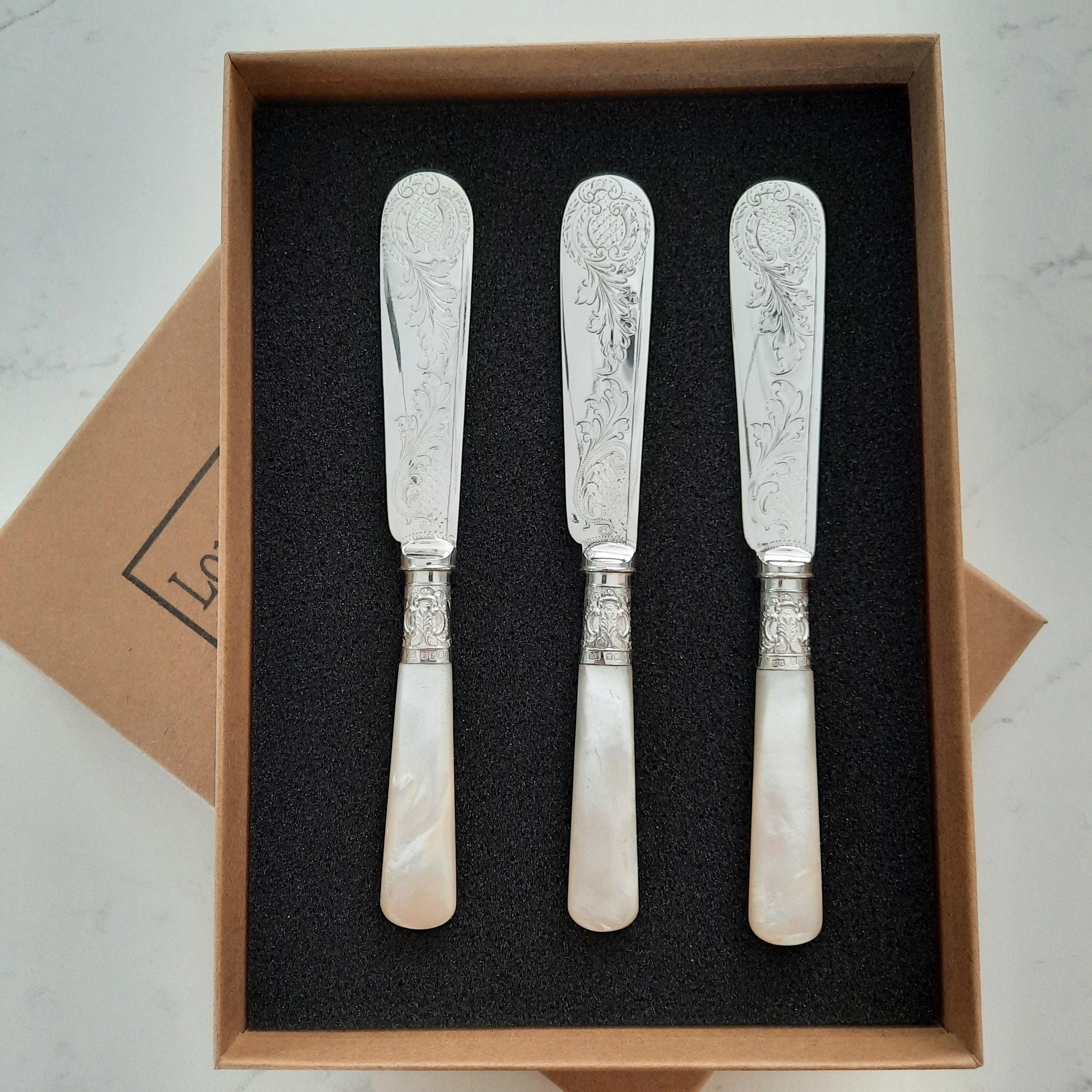 Set of 3 Spreaders, Mother of Pearl Handles, Chased Blades, UpCycled Fish Cutlery, Reshaped and Resilvered, Fab Gifts by LondonCutlers