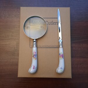 Magnifier and Letter Opener Desk Set with Vintage Pottery Handles Medium Glass Lens Recycled Antique Cutlery Gifts Upcycled by LondonCutlers
