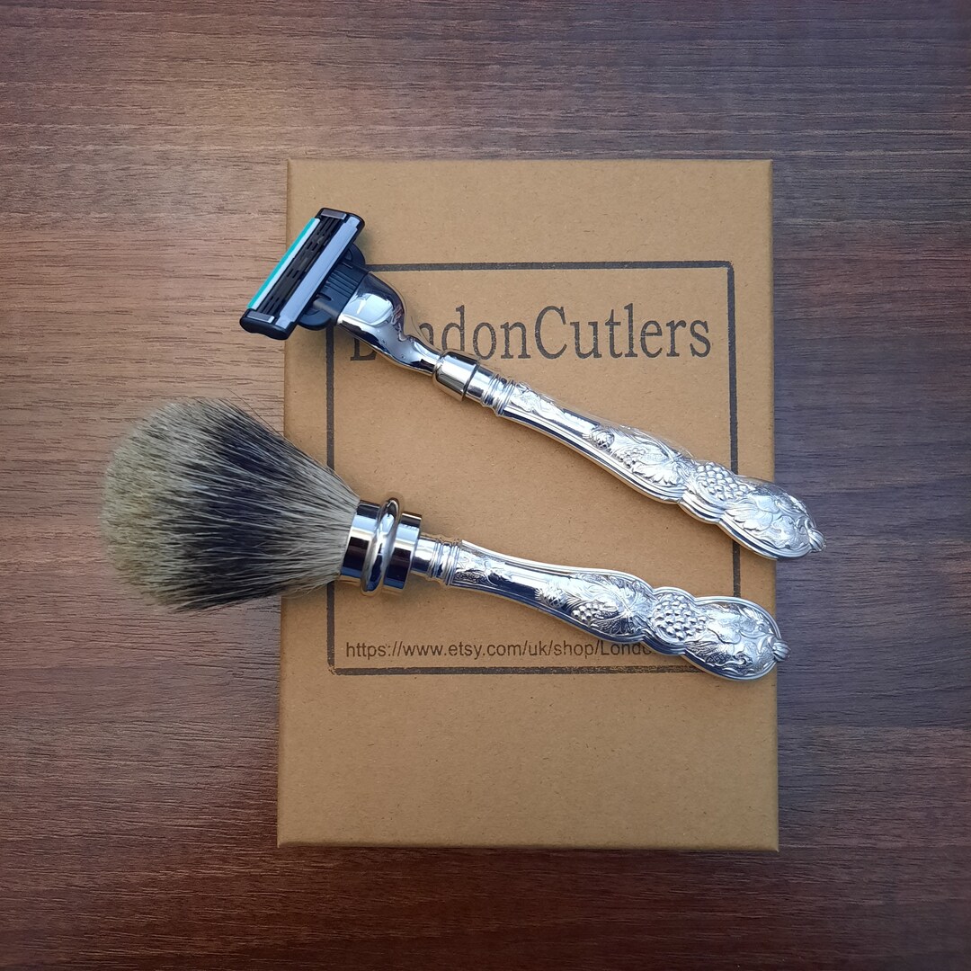 Mach 3 Razor and Shaving Brush Set With Antique Silver Plated Grapevine ...