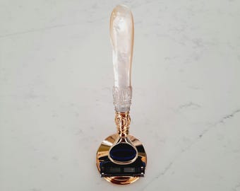 Golden Fusion Razor with Heavy Base, Carved Mother of Pearl Handle, Upcycled Cutlery, Retro Style Fusion Razor, LondonCutlers Fabulous Gifts