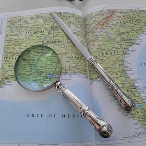 Magnifying Glass & Letter Opener Desk Accessories with Recycled Sterling Silver Cutlery Handles, Grips Sheffield England 1823