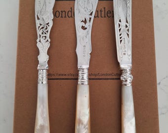 3 Pierced Spreaders Mother of Pearl Handles Chased Blades UpCycled Fish Cutlery Reshaped and Resilvered Fab Gifts by LondonCutlers set of 3