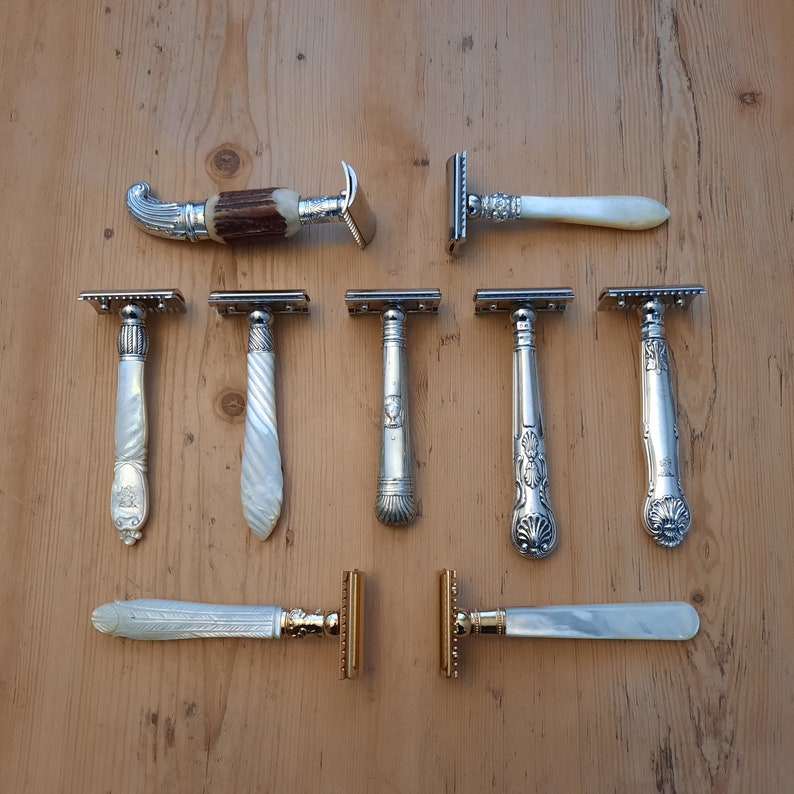 Double Edge Razor Antique Mother of Pearl Handle Gold Plated Merkur ...