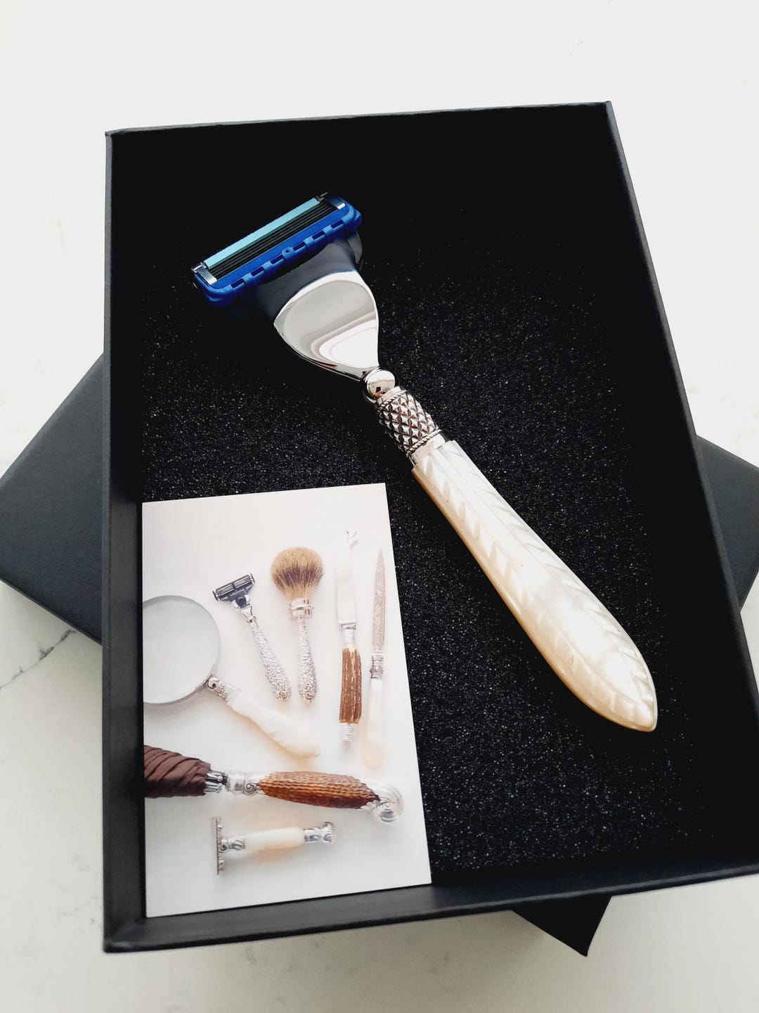Packmother Razor Fusion Razor With Carved Mother of Pearl Handle, Recycled Antique ...