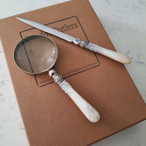 Small Desk Set, Mother of Pearl Handles, Recycled Antique Cutlery, Nickel Plated Magnifier with Glass Lens, Stainless Steel Letter Cutter