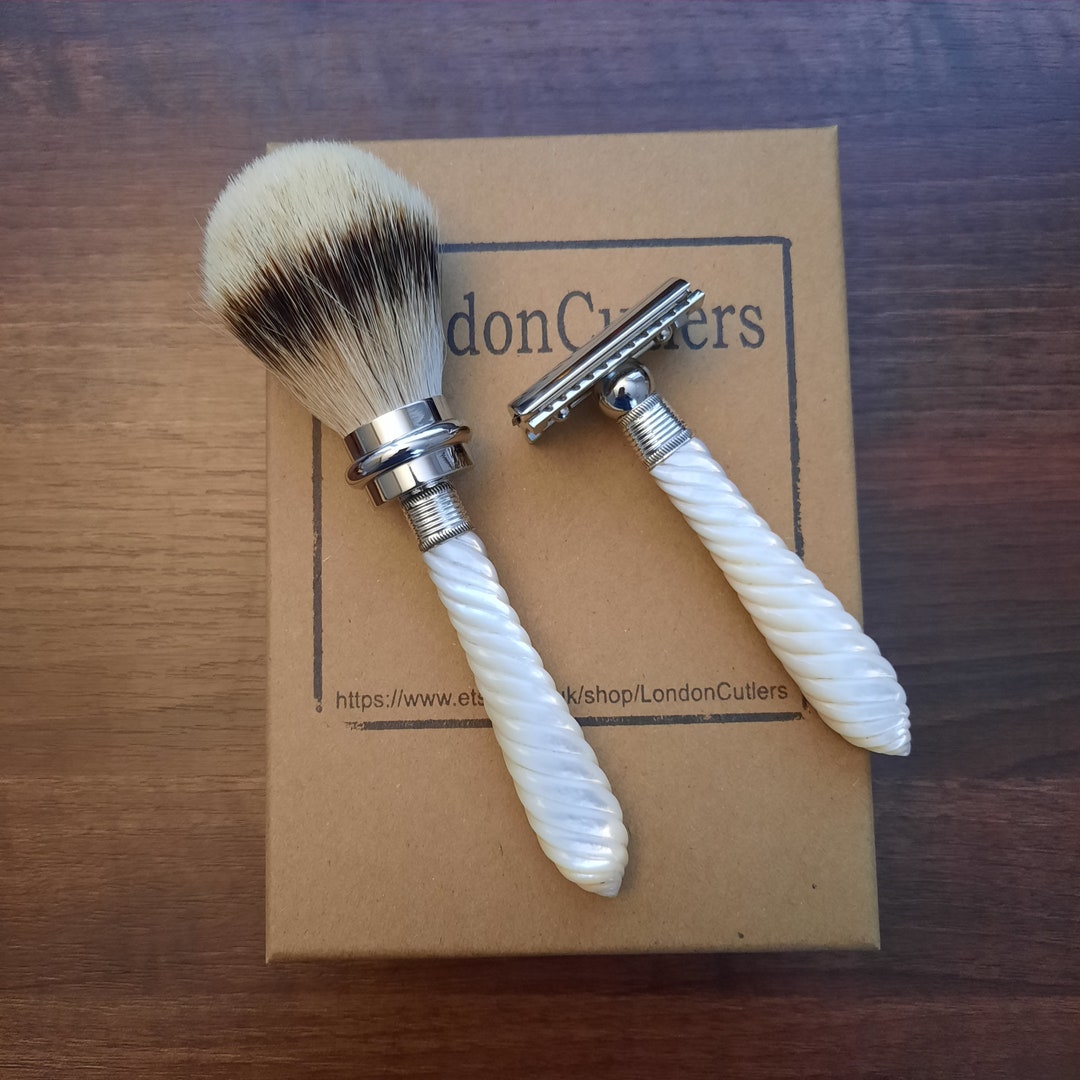 Safety Razor Set With Brush Mother of Pearl Handles Silvertip Natural ...