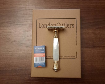 Double Edge Razor, Antique Mother of Pearl Handle with Gold Plated Trim, Merkur Head, Pearl Anniversary Gift, LondonCutlers Classy Style