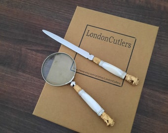 Magnifying Glass and Letter Opener Desk Accessories, Recycled Vintage Cutlery Handles, Gold plated trim to handles, Anniversary Gift Ideas