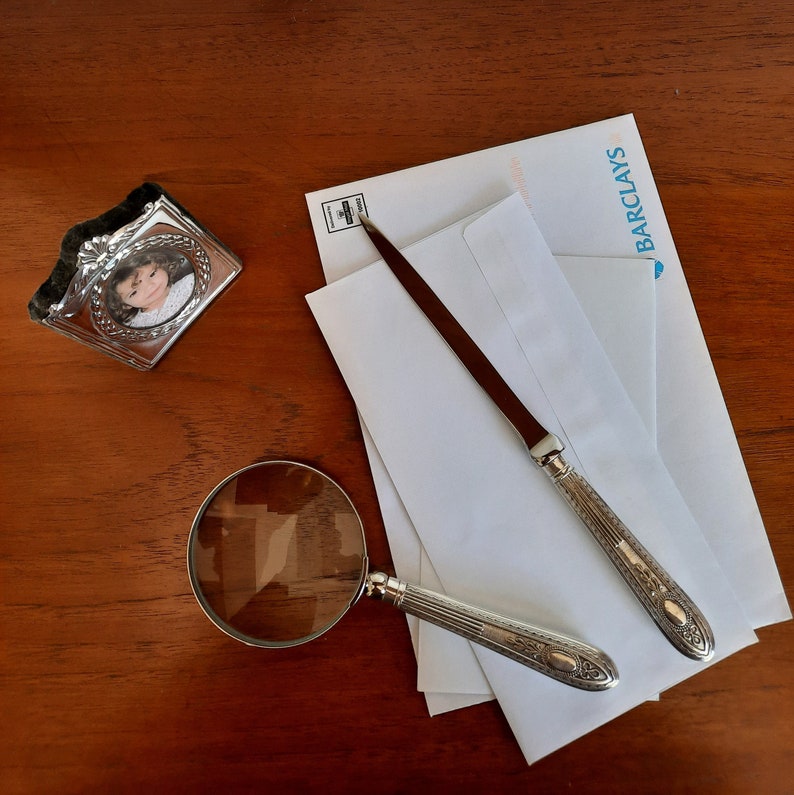 Magnifier and Letter Opener Desk Set With Antique Silver Plated Handles ...