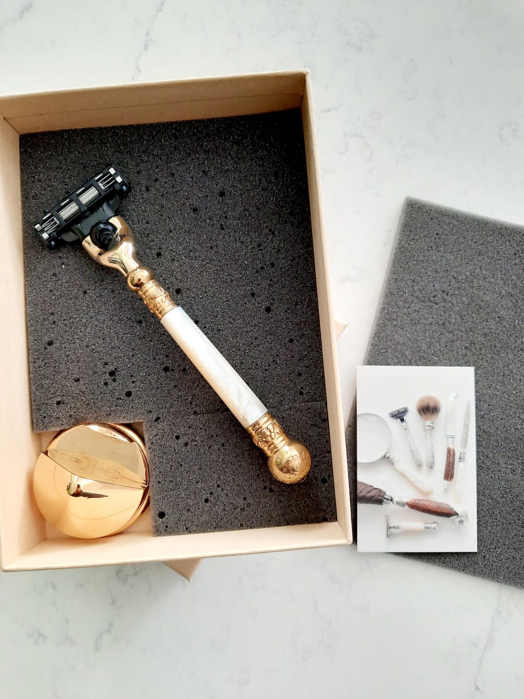 Packmother Razor Golden Mach 3 Razor With Heavy Base, Mother of Pearl Ball End Handle ...