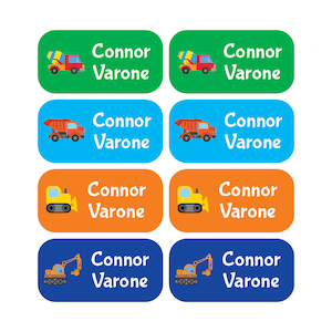 May include: Eight colorful labels with different construction vehicles and the name "Connor Varone" printed on each.