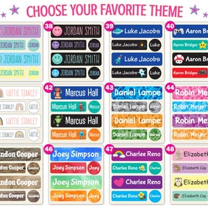 May include: A collection of rectangular adhesive name labels organized into twelve numbered sets, each featuring various colors, patterns, and icons. The text CHOOSE YOUR FAVORITE THEME is printed at the top. Each label displays a name and a graphic.