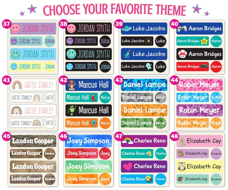 May include: A collection of rectangular adhesive name labels organized into twelve numbered sets, each featuring various colors, patterns, and icons. The text CHOOSE YOUR FAVORITE THEME is printed at the top. Each label displays a name and a graphic.