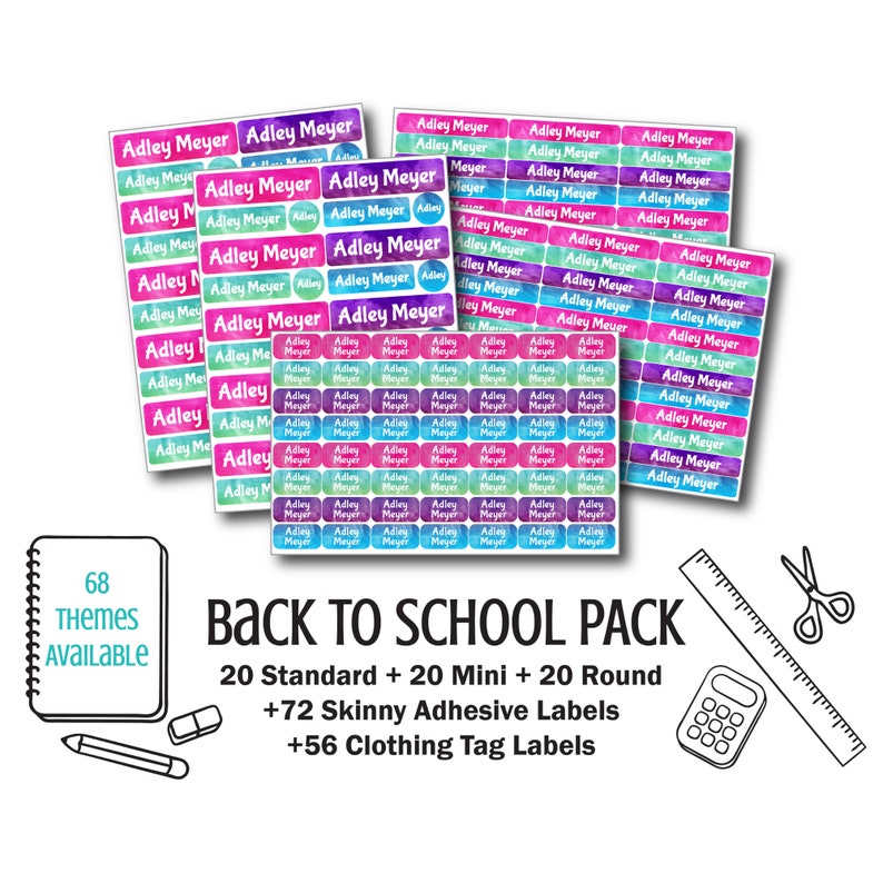 May include: A set of colorful, watercolor-style name labels for school supplies. The labels feature the name "Adley Meyer" in white text and come in a variety of sizes and shapes, including standard, mini, round, and skinny adhesive labels. The set also includes clothing tag labels. The image includes the text "68 Themes Available" and "Back to School Pack".