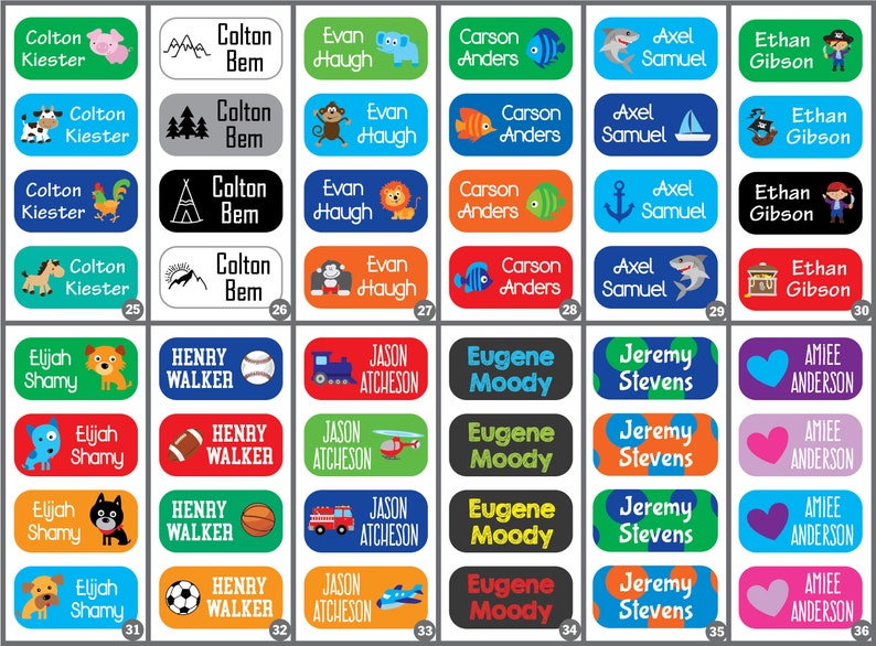 May include: A set of 36 colorful rectangular name tags with various illustrations and names printed on them. The tags are designed for children and feature a variety of themes, including animals, sports, and transportation.