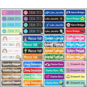May include: A set of 48 colorful name labels with various designs. The labels feature names like Jordan Smith, Luke Jacobs, Aaron Bridges, Hattie Stanley, Marcus Hall, Daniel Lampe, Robin Meyer, Landon Cooper, Joey Simpson, Charlee Reno, and Elizabeth Cay. The labels are perfect for school supplies, lunchboxes, and other personal items.