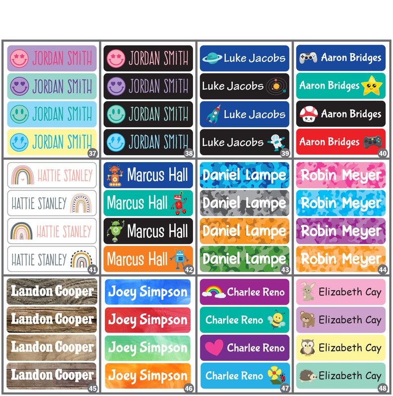 May include: A set of 48 colorful name labels with various designs. The labels feature names like Jordan Smith, Luke Jacobs, Aaron Bridges, Hattie Stanley, Marcus Hall, Daniel Lampe, Robin Meyer, Landon Cooper, Joey Simpson, Charlee Reno, and Elizabeth Cay. The labels are perfect for school supplies, lunchboxes, and other personal items.