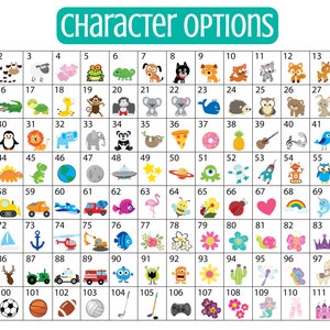 May include: A chart with 112 colorful cartoon images, numbered 1 to 112. The images include animals, food, objects, and characters. The chart is titled "Character Options".
