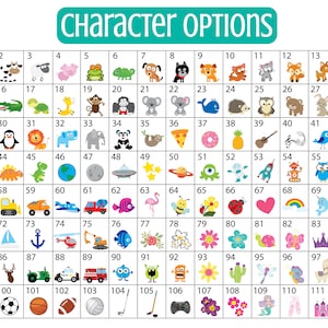 Puede incluir: Un gr&aacute;fico con 112 im&aacute;genes de dibujos animados coloridos, numeradas del 1 al 112. Las im&aacute;genes incluyen animales, comida, objetos y personajes. El gr&aacute;fico se titula "Opciones de personajes".