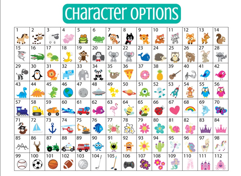 Puede incluir: Un gr&aacute;fico con 112 im&aacute;genes de dibujos animados coloridos, numeradas del 1 al 112. Las im&aacute;genes incluyen animales, comida, objetos y personajes. El gr&aacute;fico se titula "Opciones de personajes".