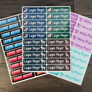 May include: Three sheets of rectangular adhesive labels featuring personalized names. The left sheet has blue and red gradient text reading Layne Meyer. The center sheet has blue, green, and black labels with animal icons and the name Layne Meyer. The right sheet has purple and light blue labels with star icons and the name Adley Meyer.