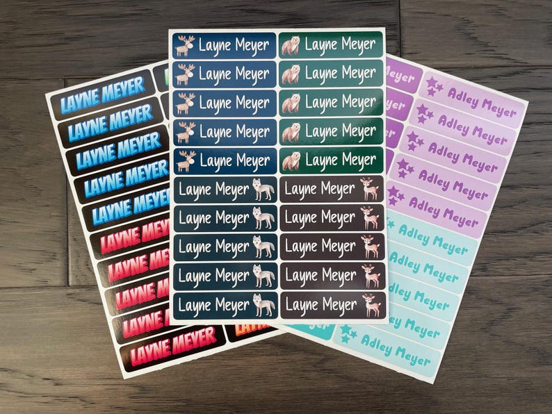 May include: Three sheets of rectangular adhesive labels featuring personalized names. The left sheet has blue and red gradient text reading Layne Meyer. The center sheet has blue, green, and black labels with animal icons and the name Layne Meyer. The right sheet has purple and light blue labels with star icons and the name Adley Meyer.