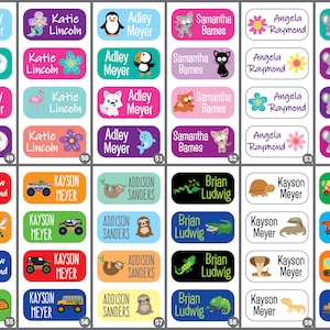 May include: A set of 60 colorful rectangular name labels with various animal and vehicle illustrations. Each label features a name and a number. The labels are designed for kids and can be used for school supplies, lunchboxes, and other personal items.