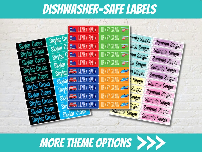 May include: Three sheets of rectangular dishwasher-safe labels featuring personalized names and various icons. The labels include the names Skylar Cross, Henry Spain, and Sammie Singer in different colors, fonts, and graphic designs.