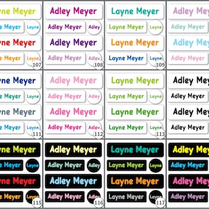 K&ouml;nnte beinhalten: Eine Sammlung personalisierter Namensetiketten mit den Namen "Layne Meyer" und "Adley Meyer" in verschiedenen Farben und Schriftarten. Die Etiketten sind rechteckig und kreisf&ouml;rmig, einige enthalten den Namen und einen kleineren Kreis mit dem Vornamen. Die Etiketten sind f&uuml;r die Organisation bestimmt.